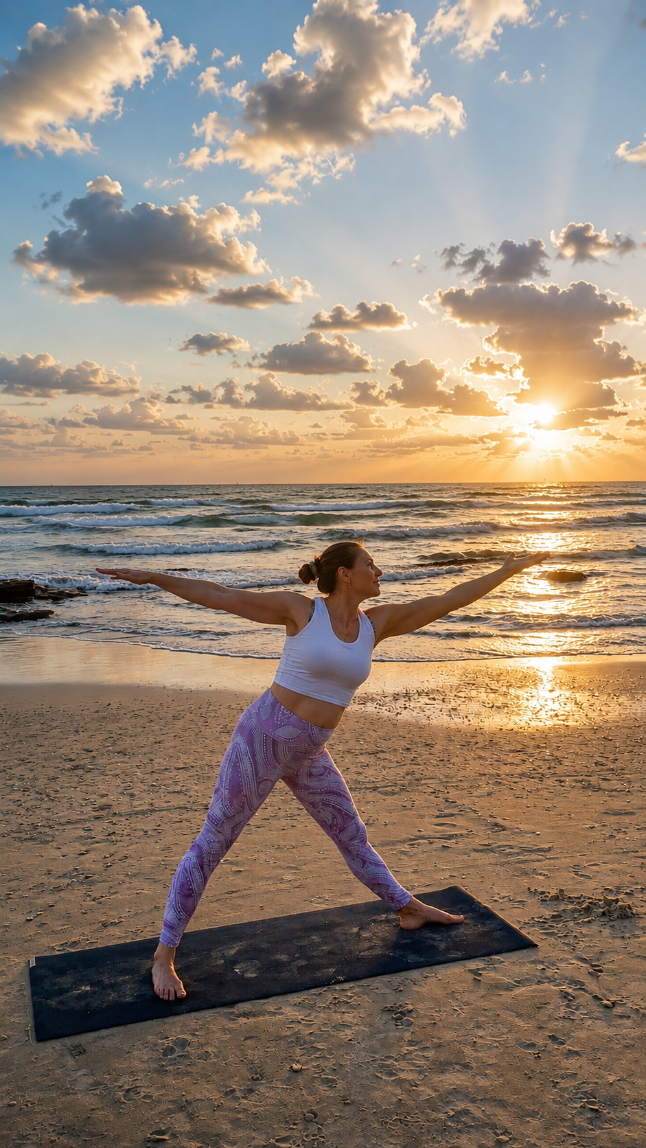 Yoga am Strand im Sonnenuntergang